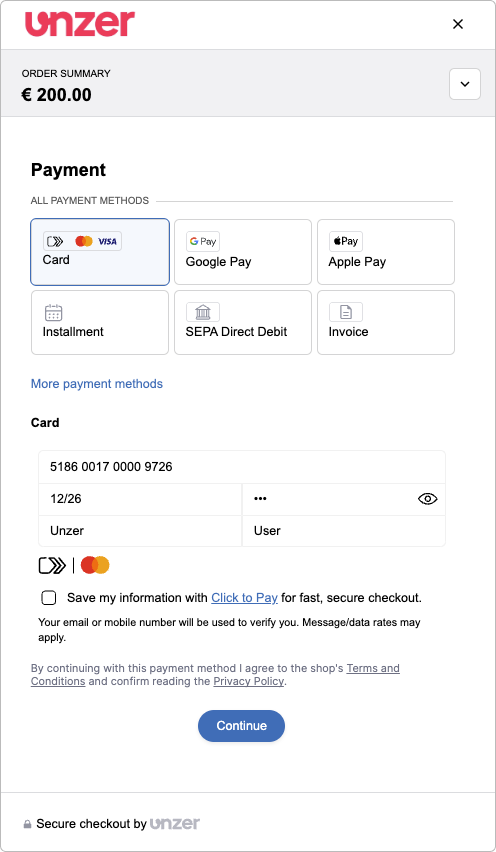 Click to Pay enter card details workflow