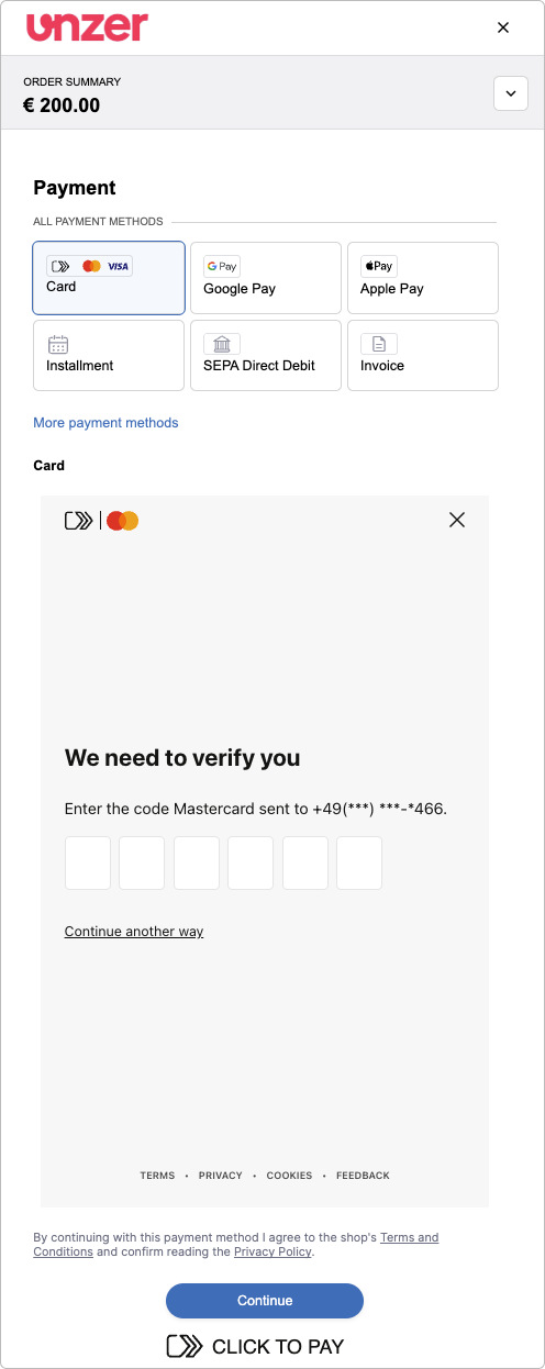 Click to Pay enter card details workflow