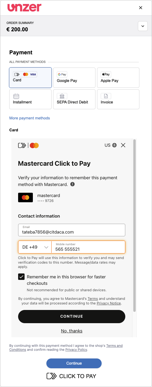 Click to Pay enter card details workflow