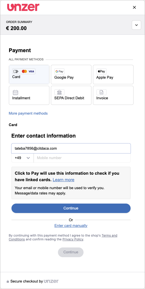 Click to Pay returning customer checkout