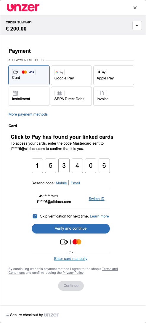 Click to Pay select the option to receive th OTP