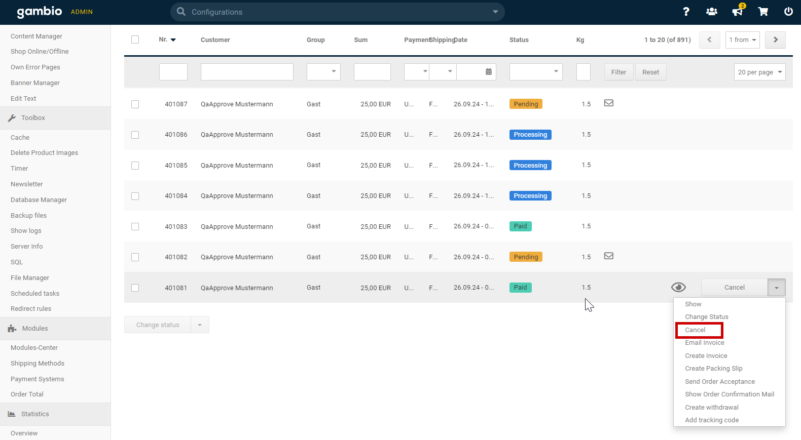 Order overview