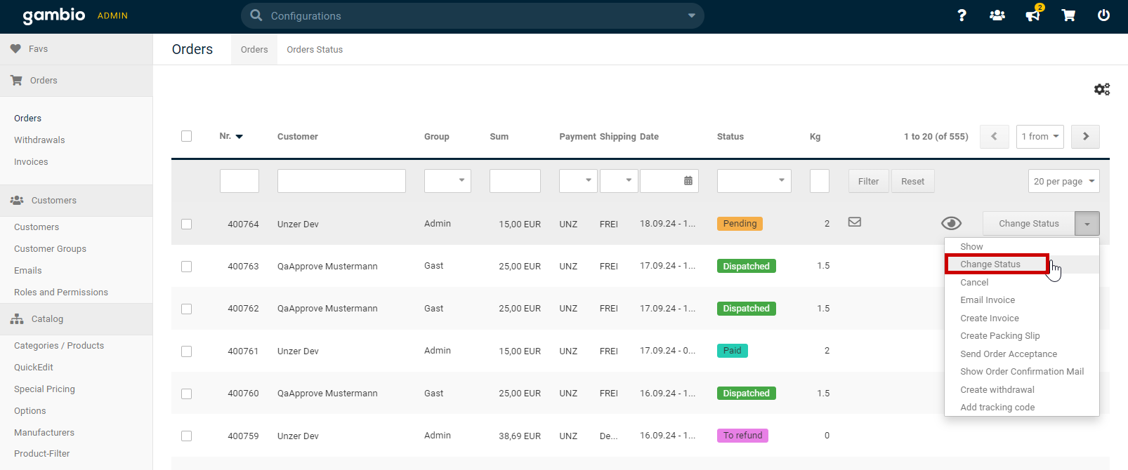 Order overview charge