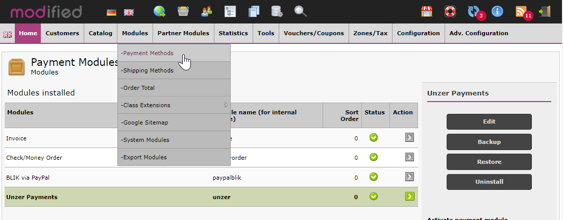 Modified eCommerce configure payment method