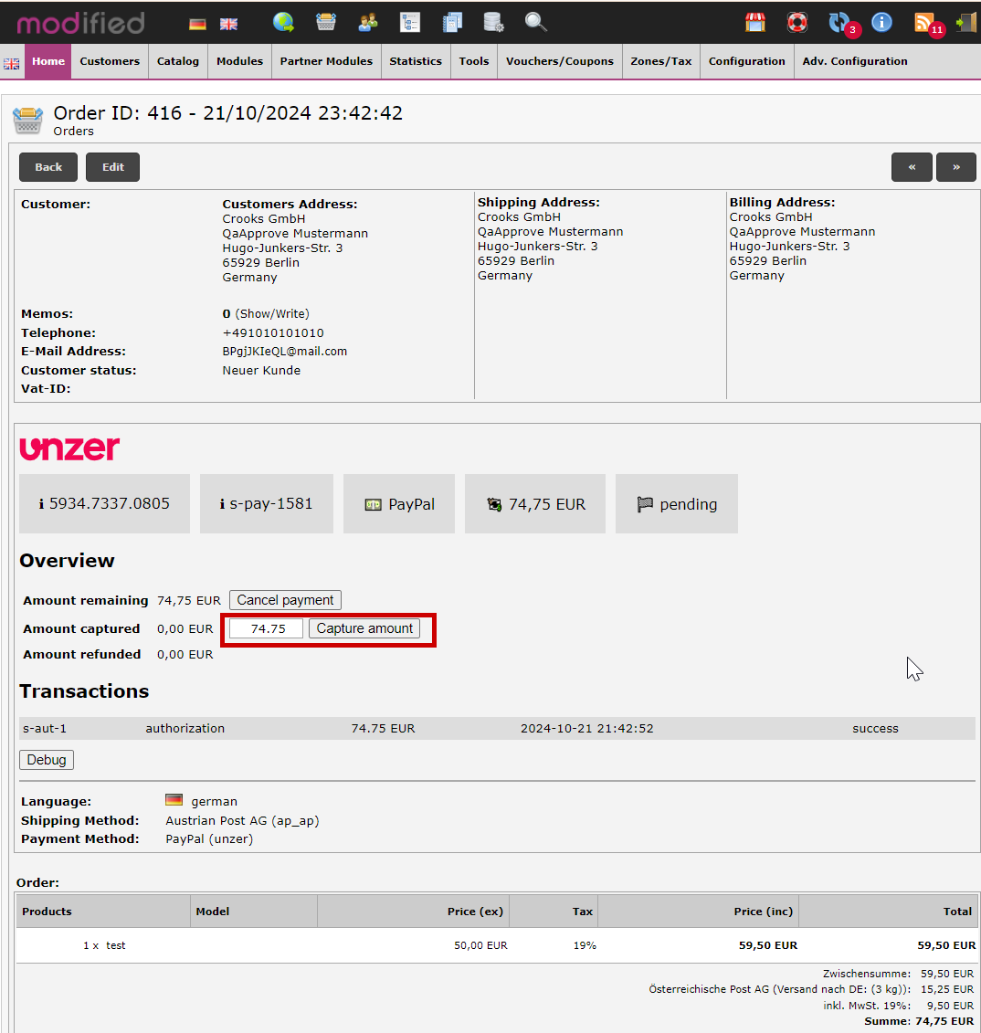 Order overview charge