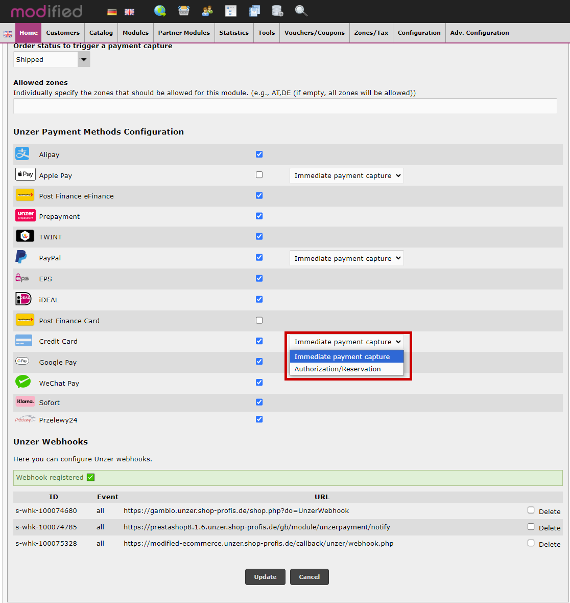 Modified eCommerce configure payment method