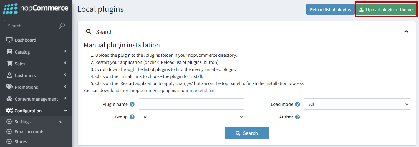 nopCommerce upload the plugins