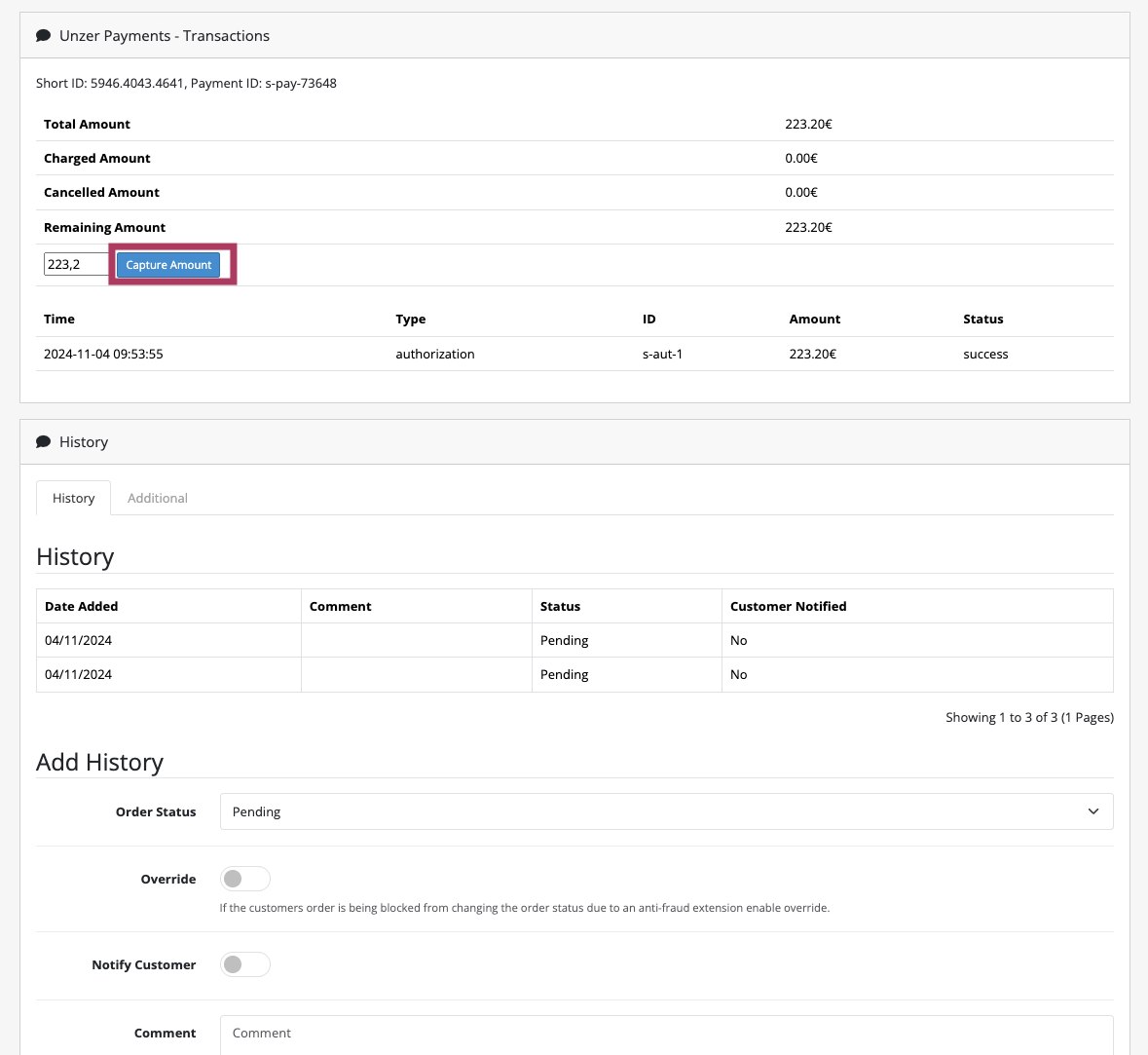 Order overview charge