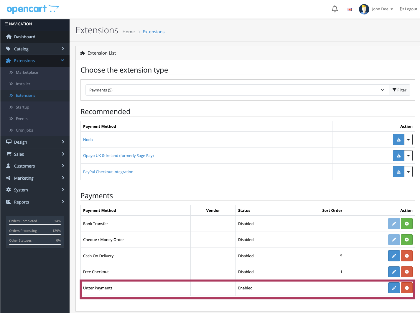 Opencart configure payment method