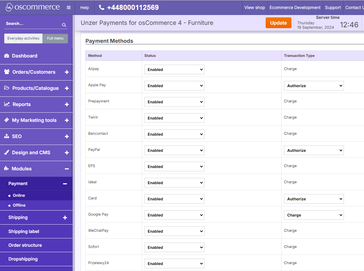 osCommerce setup payment methods