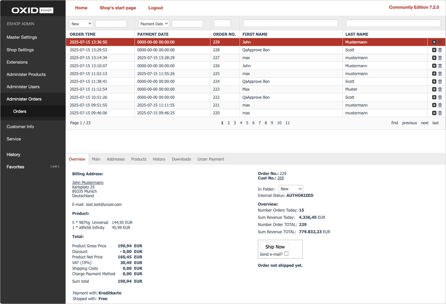 Order overview