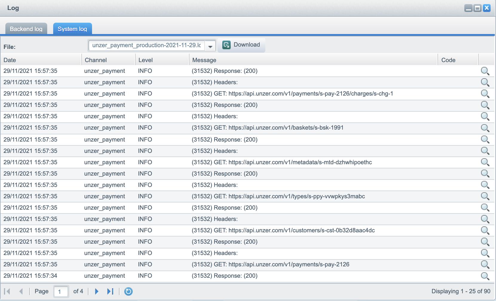 View of logfiles of shopware