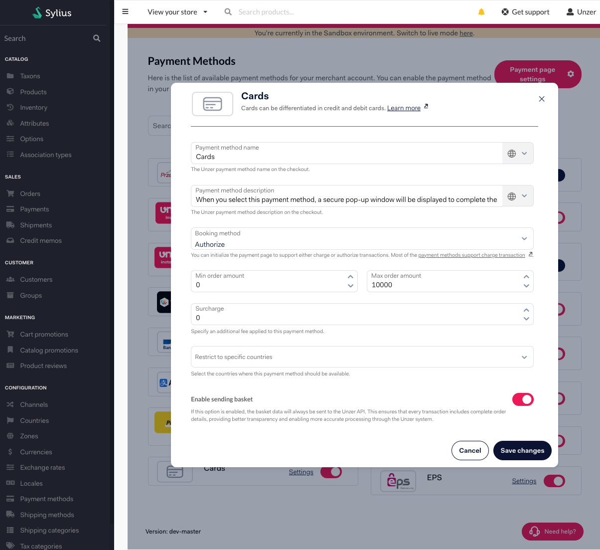 Sylius payment method settings