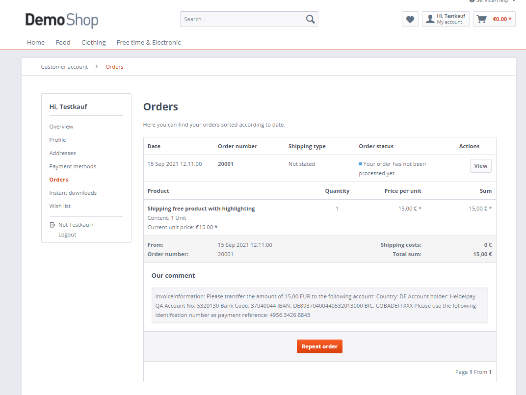 Shopware customer account page orders